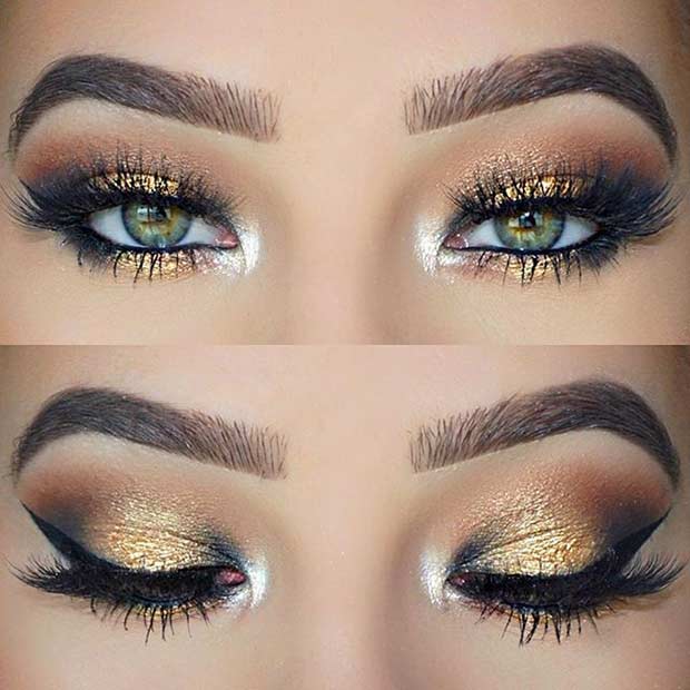 Црн and Gold Eye Makeup Look for Green Eyes