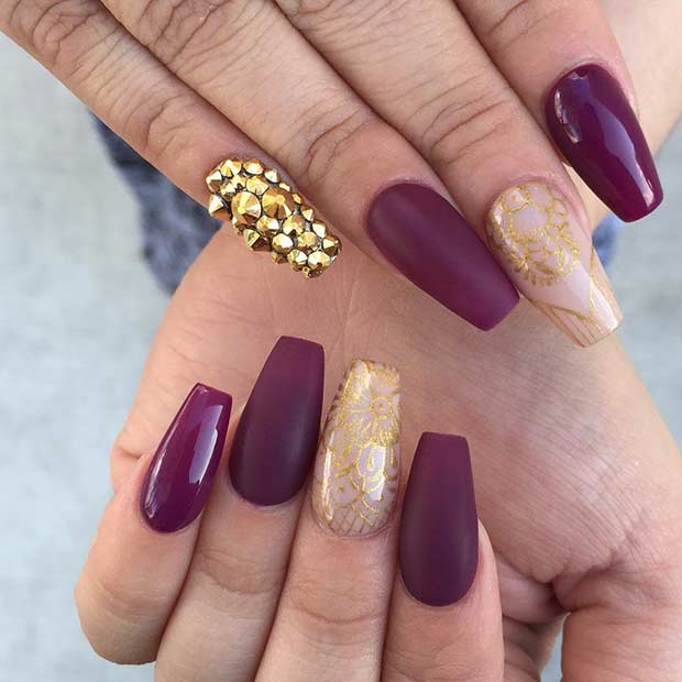 mat Burgundy and Gold New Year's Eve Nails