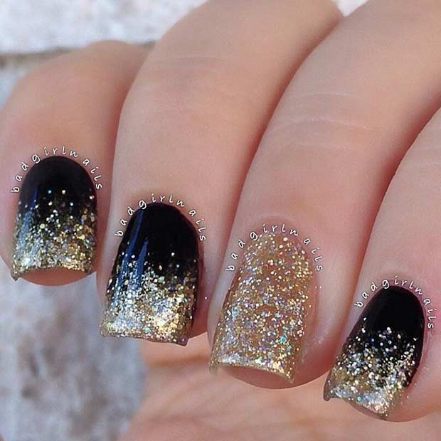 Lako Black and Gold Glitter Ombre Nails