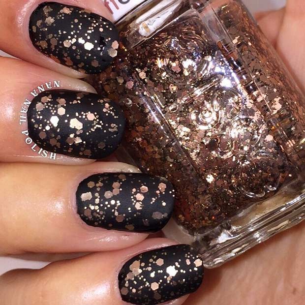Mat Black and Rose Gold Glitter Nails for New Year's Eve