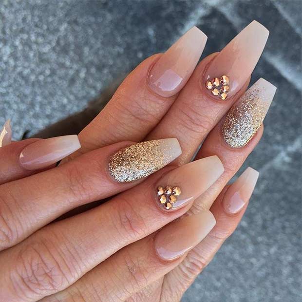 Neutral Coffin Nail Design with Gold Glitter