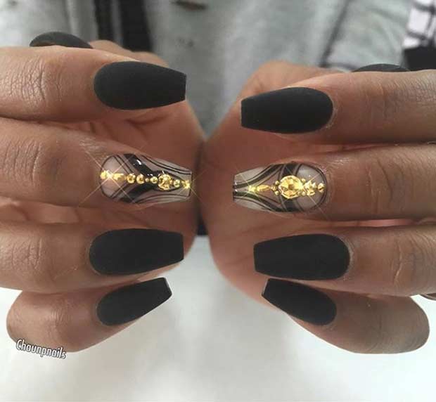 Siyah Matte Coffin Nails with Gold Details