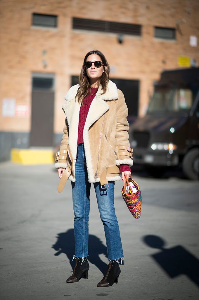 सड़क style shearling coat and jeans