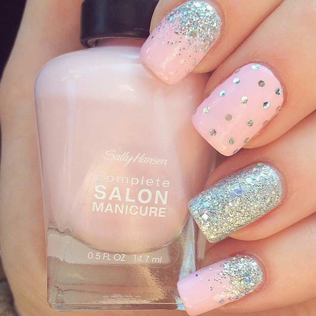 Pale Pink and Silver Glitter Nails