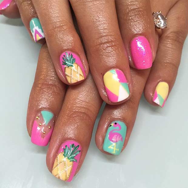 Rosa and Yellow Pineapple Nails for Summer