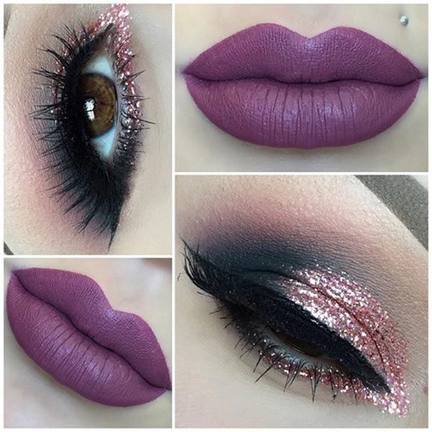 Rózsaszín Glitter Eyes and Purple Lips Look