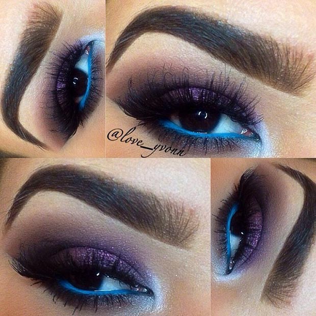 Violet Eye Makeup Blue Waterline Look