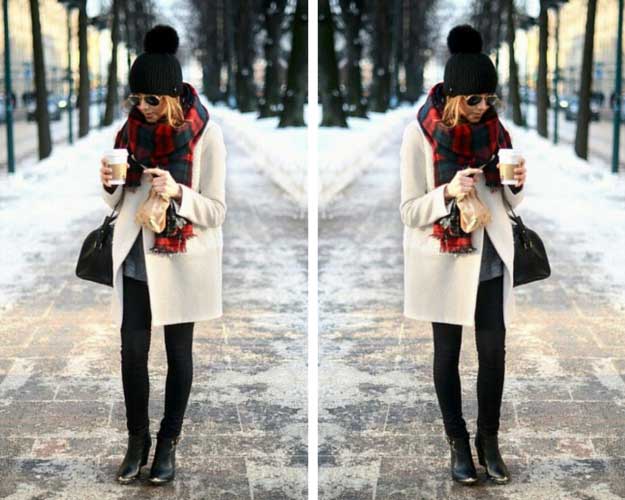 सफेद Coat Plaid Scarf Winter Outfit