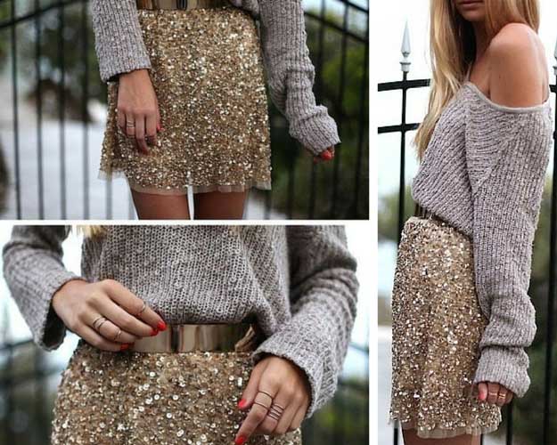 Злато Sequin Skirt Grey Sweater Outfit