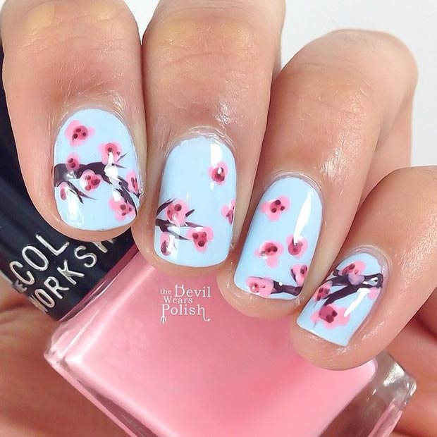 เบา Blue Cherry Blossom Nail Design
