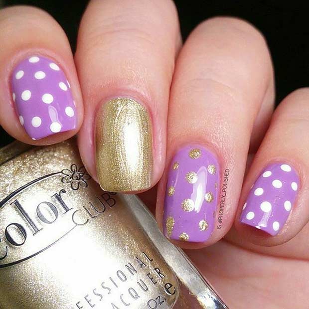 Lila and Gold Polka Dots Nail Design