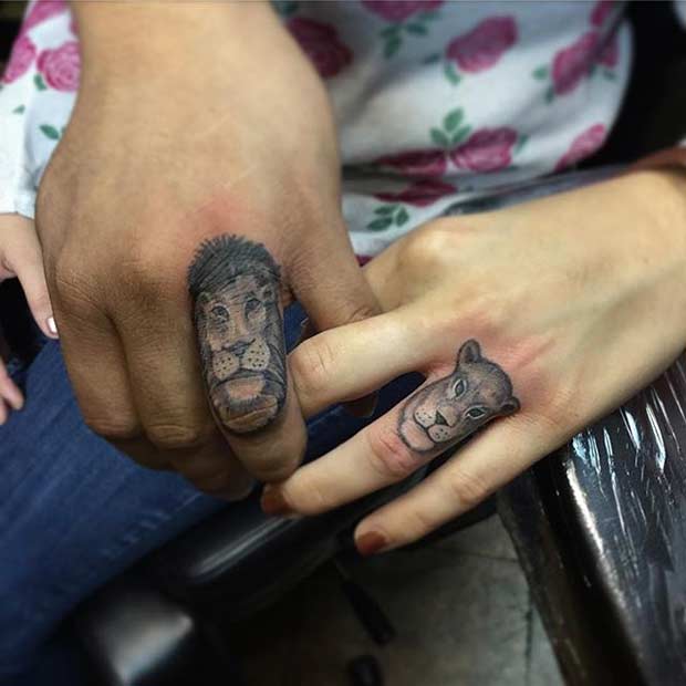 Par Lion and Lioness Finger Tattoos