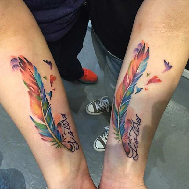 Colorat Feathers Matching Sister Tattoos