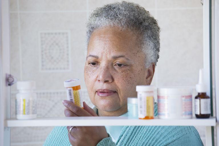 שָׁחוֹר woman examining prescription bottle in medicine cabinet