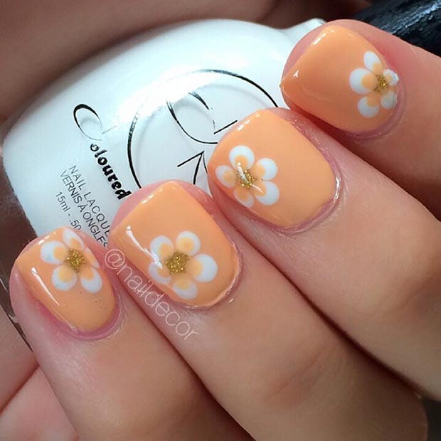 Orange Flower Nail Design for Short Nails