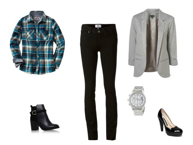 Црн jeans and blue plaid shirt outfit