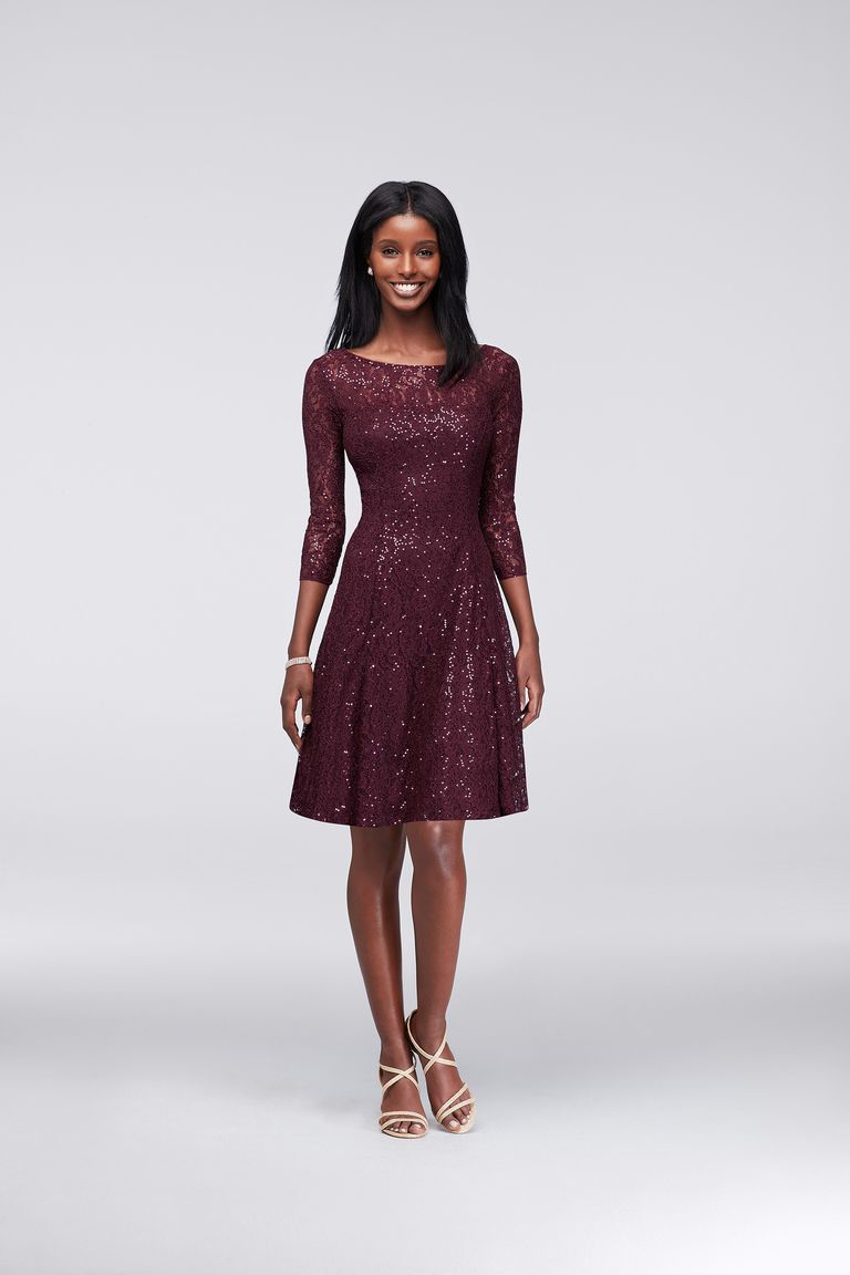 David's Bridal Sequined Lace Fit-and-Flare Dress