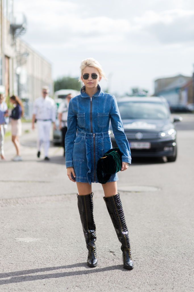 sokak style in denim dress and over the knee boots