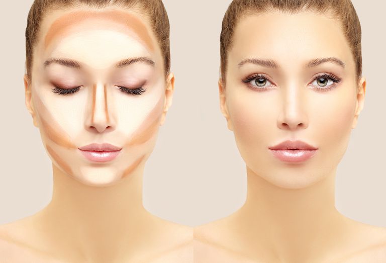 Göra up woman face. Contour and highlight makeup.