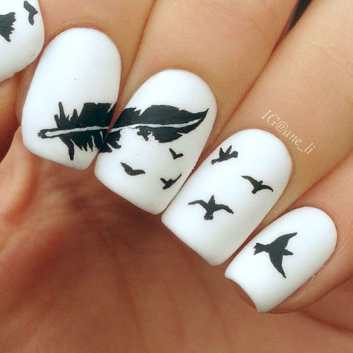 ขน and Birds White Matte Nails