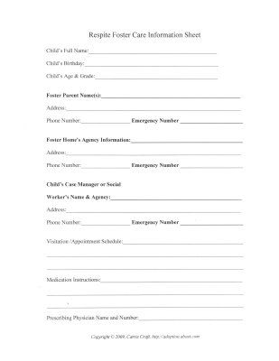 Одмори се Foster Care Information Worksheet