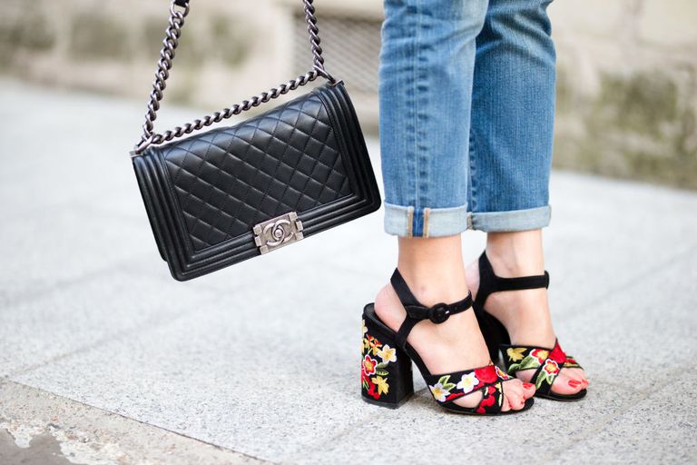 Floral platform high heels and cropped jeans