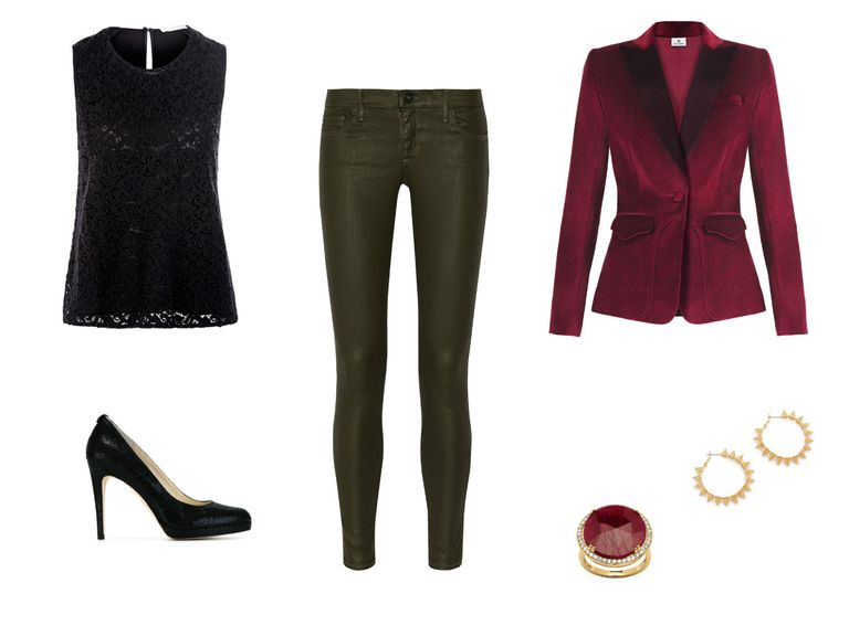 Zabava outfit with jeans and a red velvet jacket