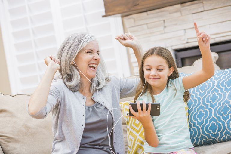 ירך grandmother and granddaughter listening to music