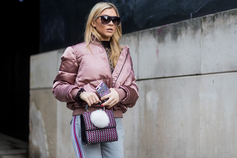 Улица style in pink puffer coat