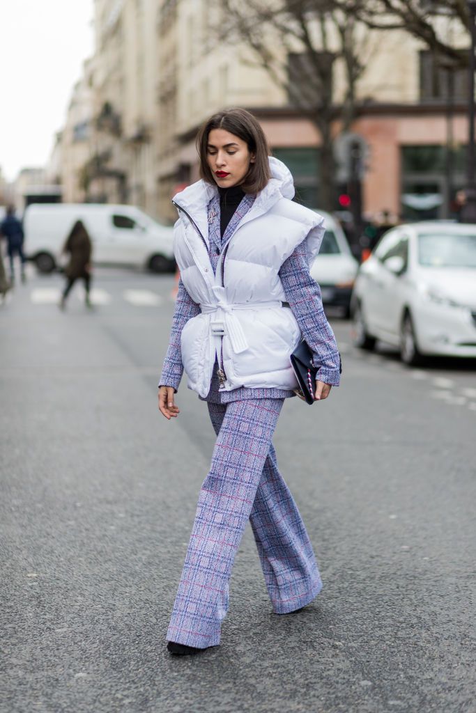 Улица style pantsuit and puffer coat