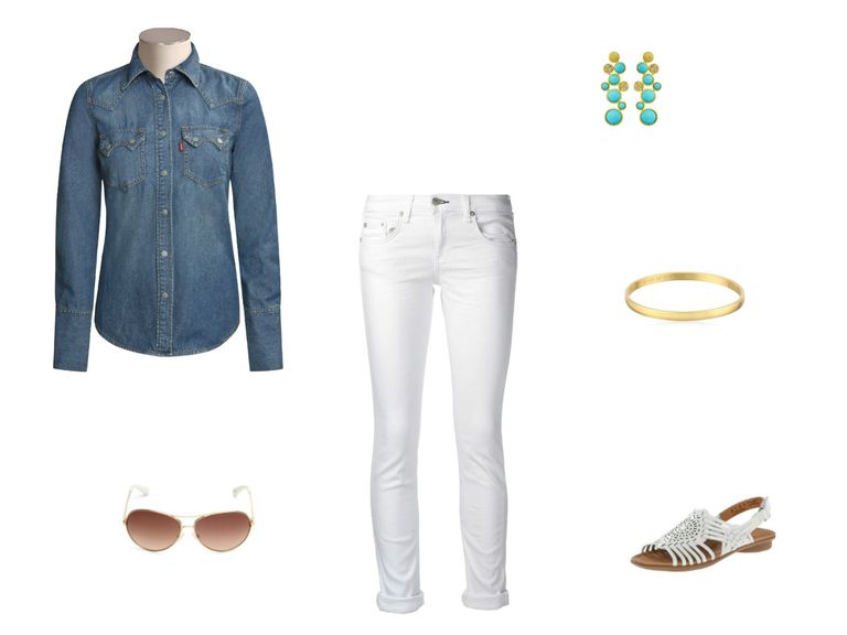 ลีวายส์'s jean shirt and white jeans