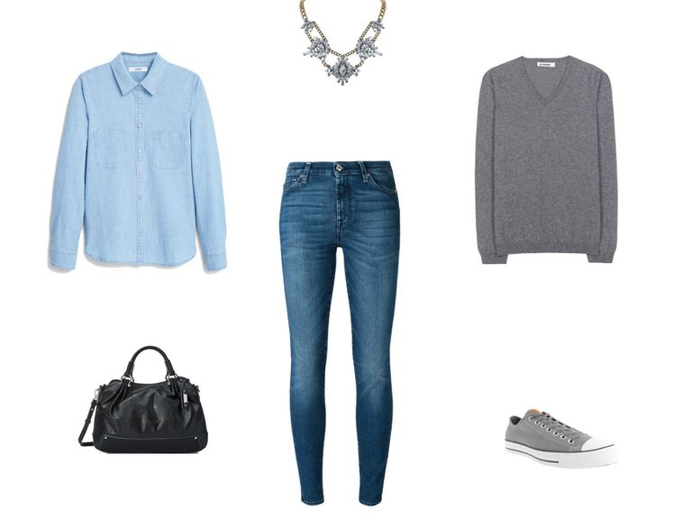 Denim shirt and jeans with a sweater outfit