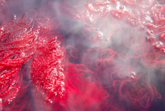 สีแดง yarn soaking in dyeing vat