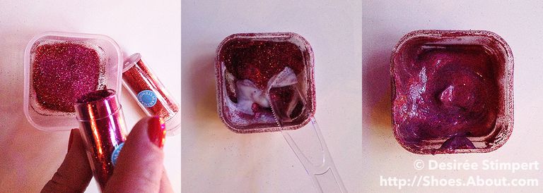 Tre images, showing glitter being poured into bowl; adding adhesive to glitter; and the final mix.