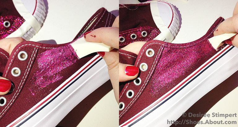 Stânga image shows glitter mix being sponged onto sneaker, right image shoes the mixture being spread onto the uppers.