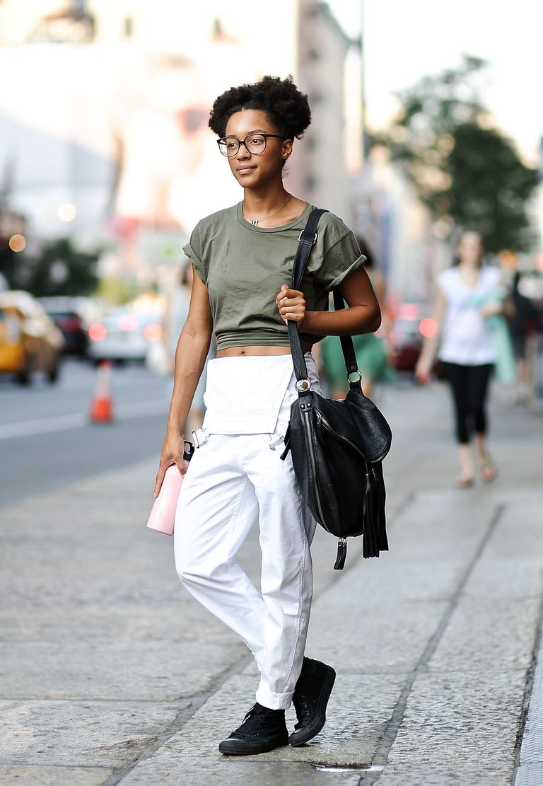 ถนน style outfit in white denim overalls