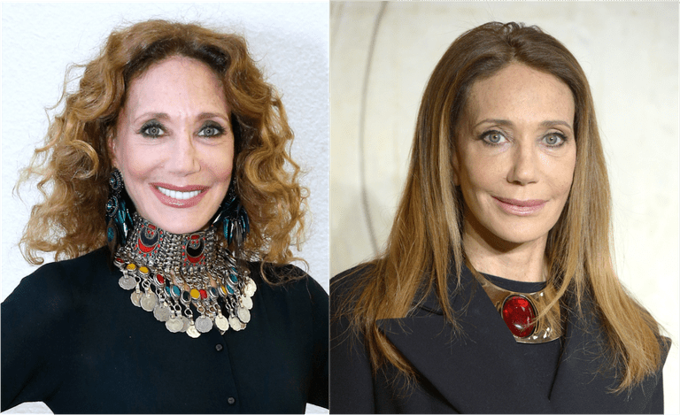 Marisa Berenson with curly hair, left and straight hair, right