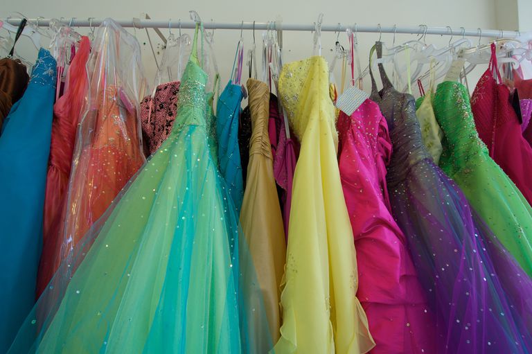 प्रॉम dresses on a rack