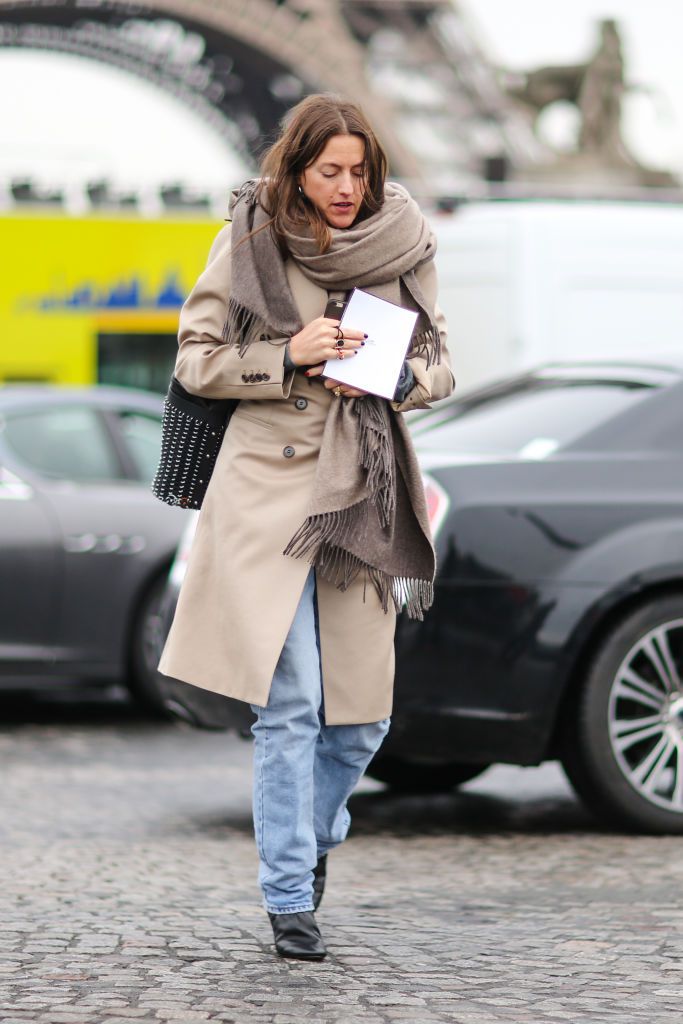 Stradă style in trench coat scarf and jeans
